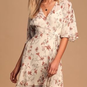 All Along Beige Floral Print Faux Wrap Mini Dress